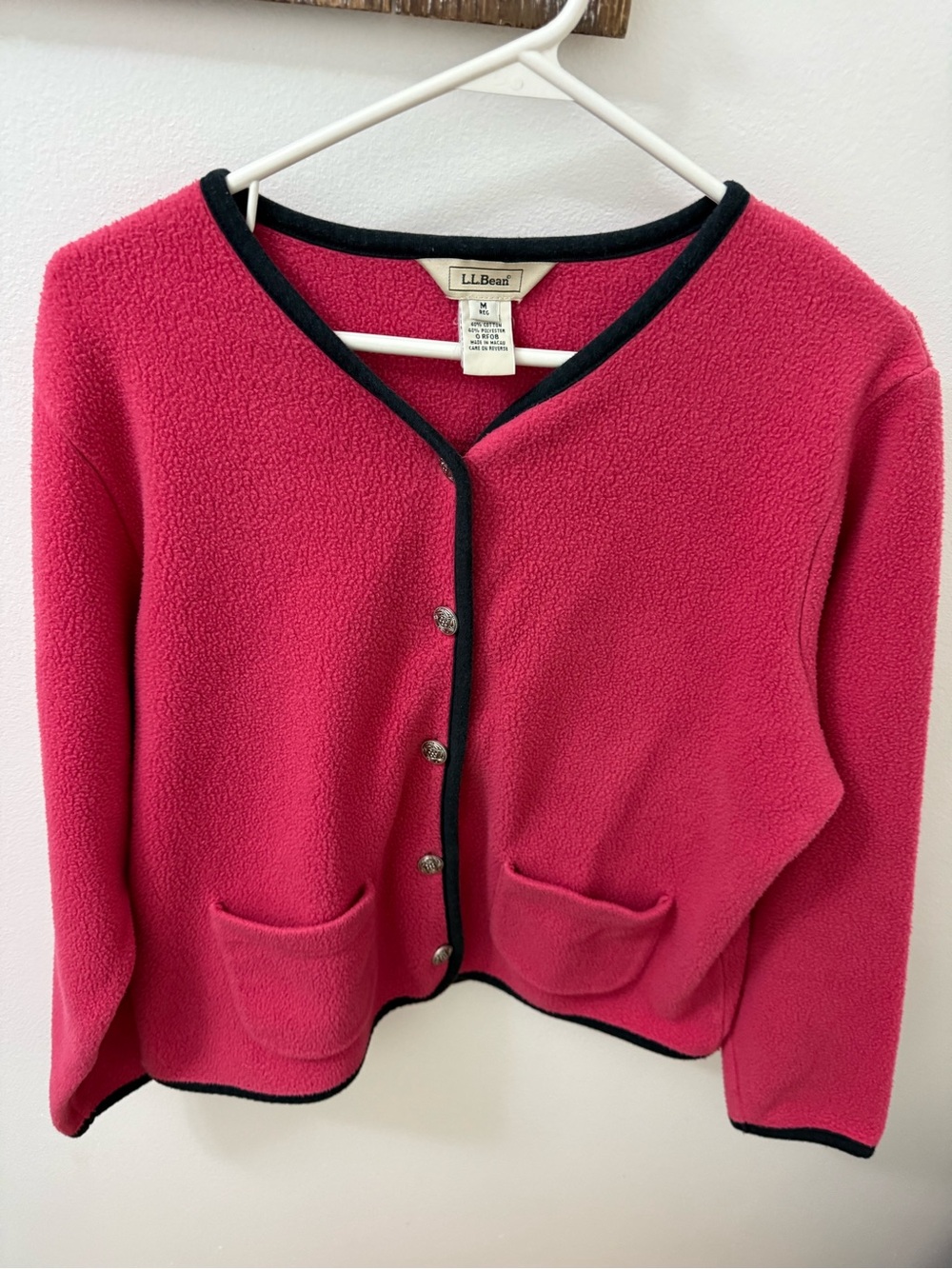 LL Bean Fleece Cardigan Shacket Berry Pink Buttons Pockets Sweater Sz M - Picture 4 of 9